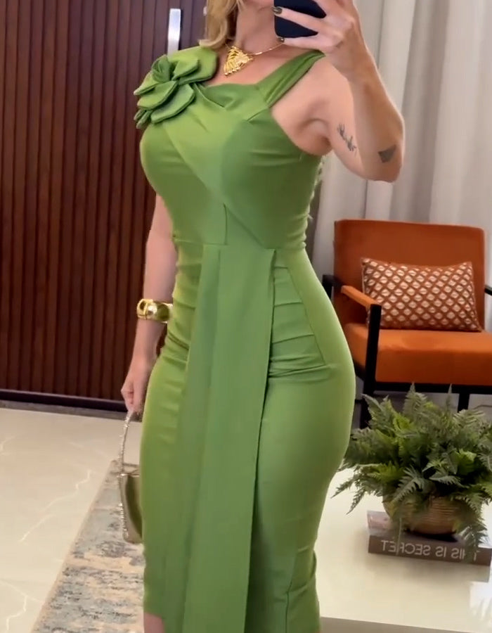 Green Flower Slim Dress