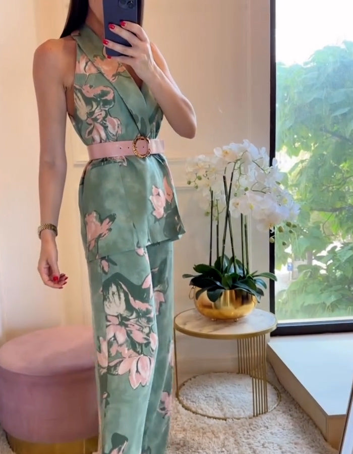 Green Flower Belt Suits