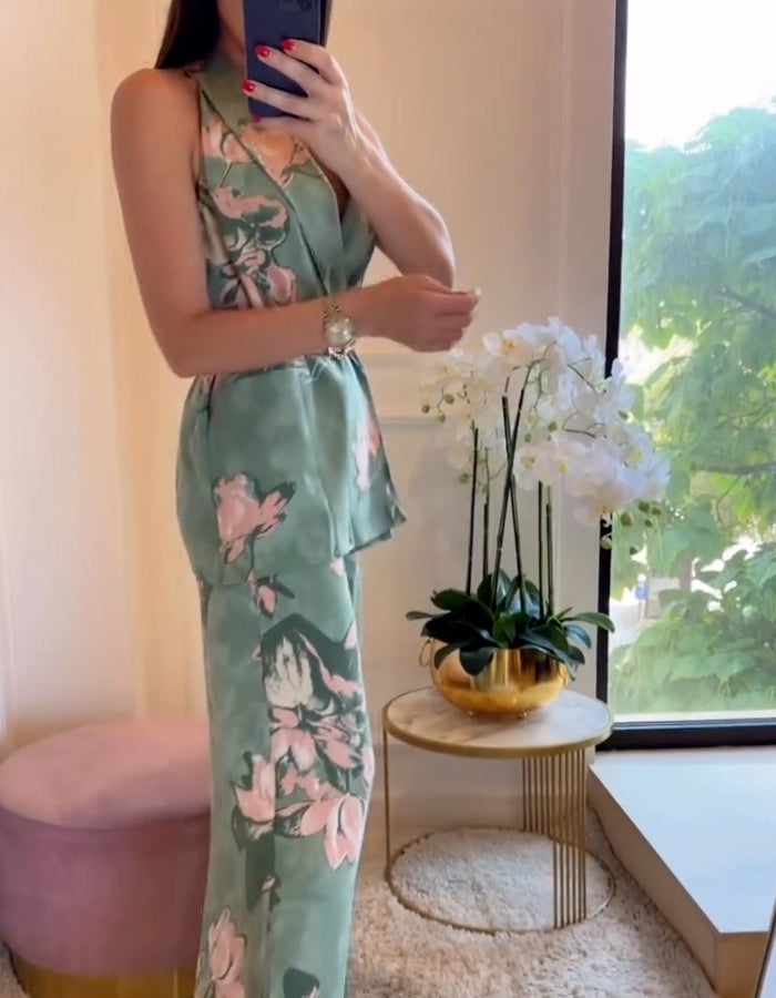 Green Flower Belt Suits