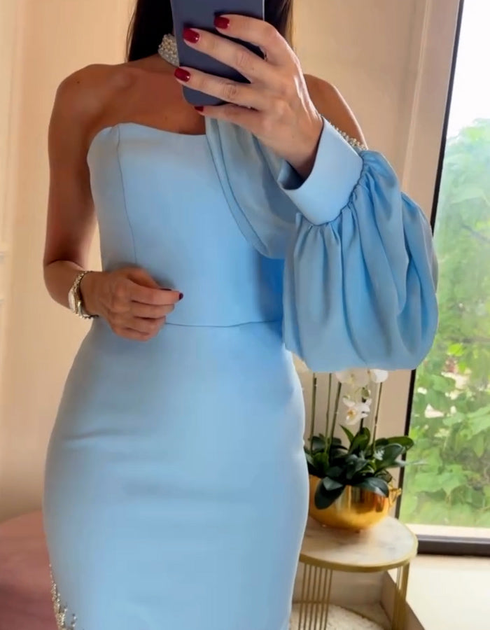 Blue Puff-Sleeves Slim Dress