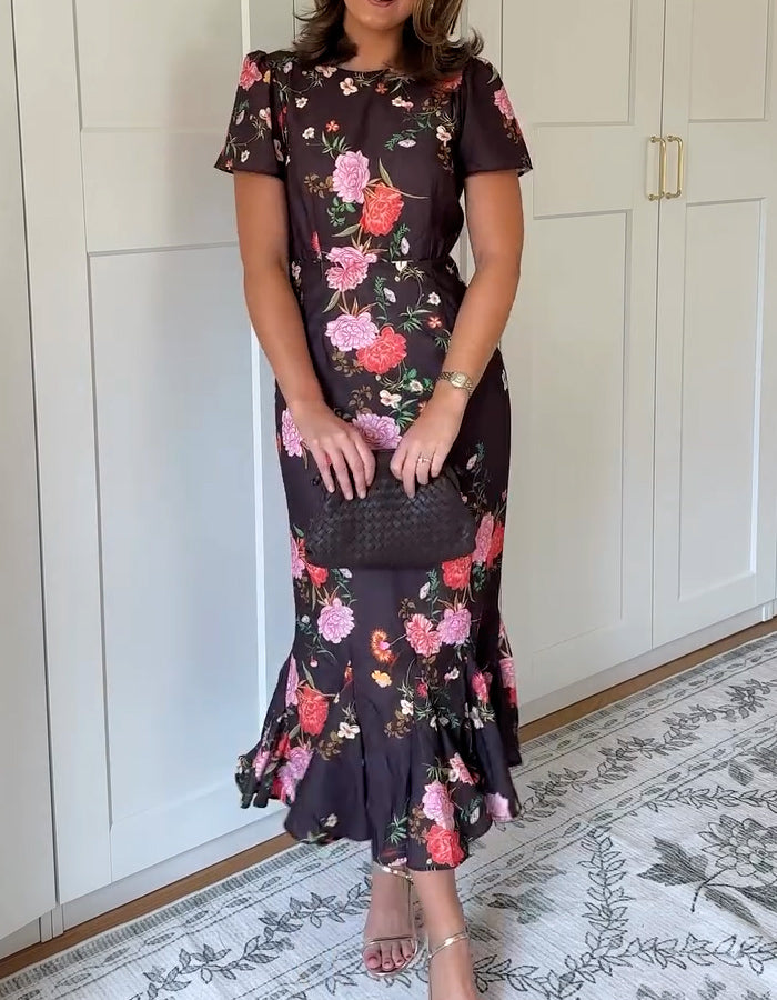 Brown Printed Bell-Bottom Dress