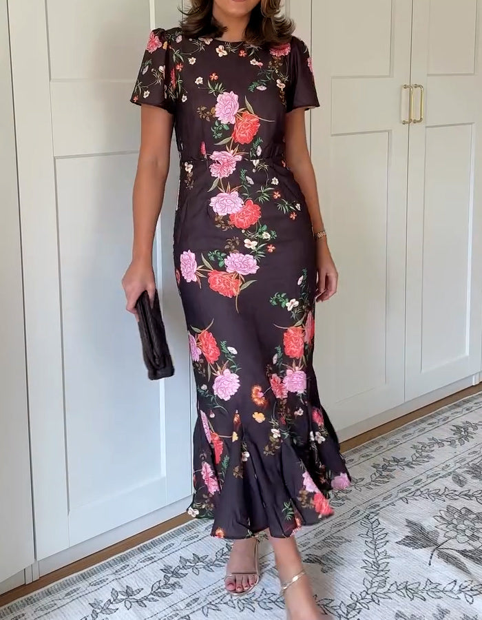 Brown Printed Bell-Bottom Dress