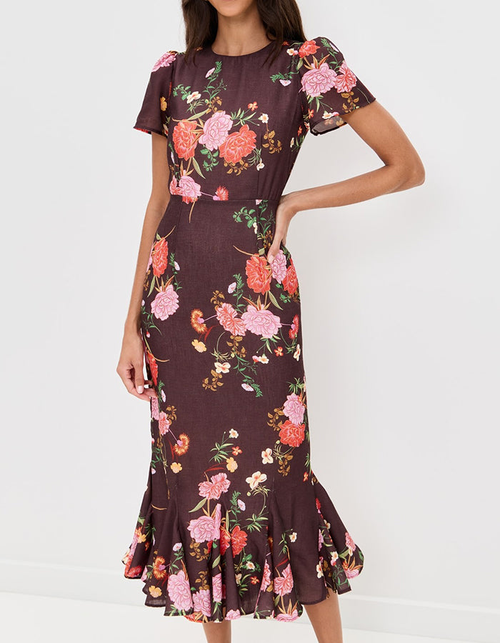Brown Printed Bell-Bottom Dress