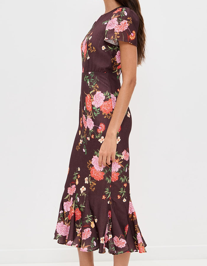 Brown Printed Bell-Bottom Dress