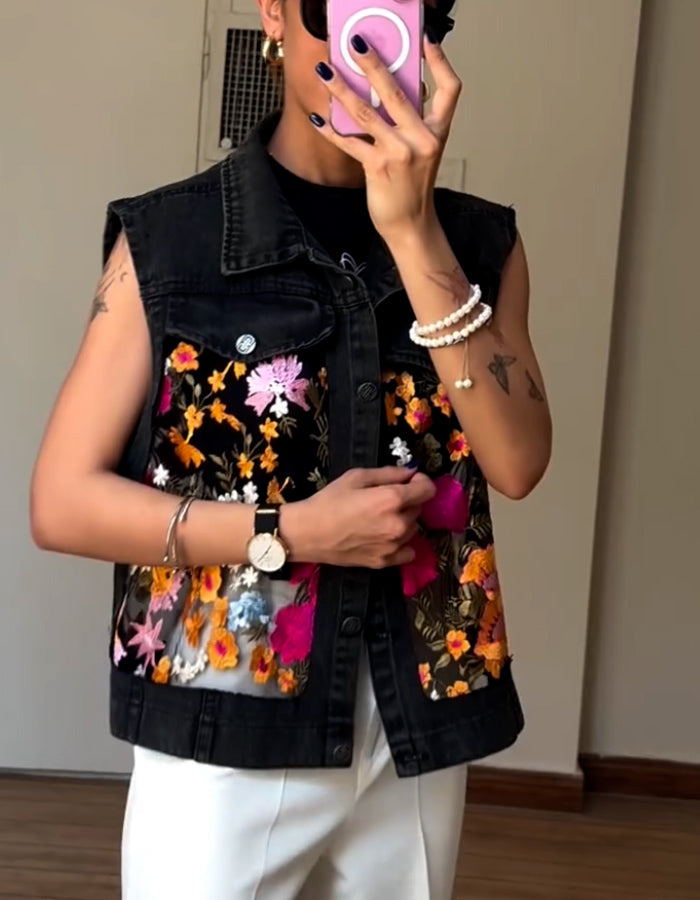 Black Floral Sleeveless Jacket