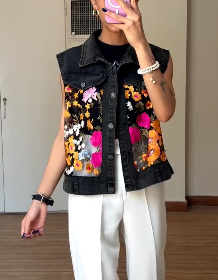 Black Floral Sleeveless Jacket