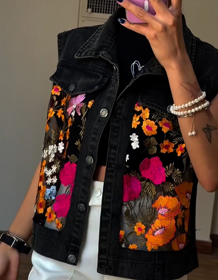 Black Floral Sleeveless Jacket
