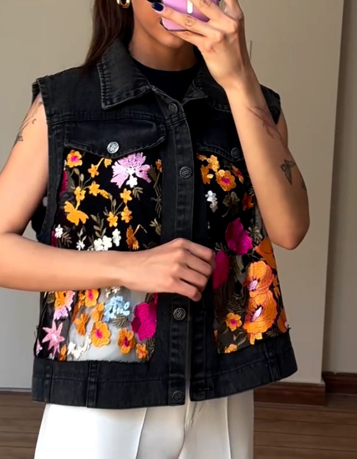 Black Floral Sleeveless Jacket