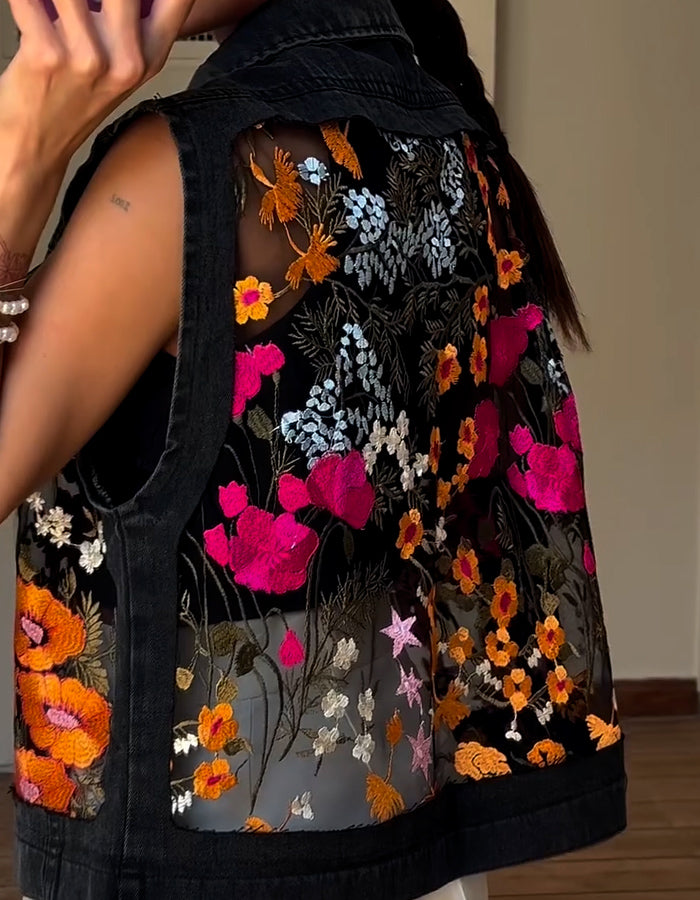 Black Floral Sleeveless Jacket