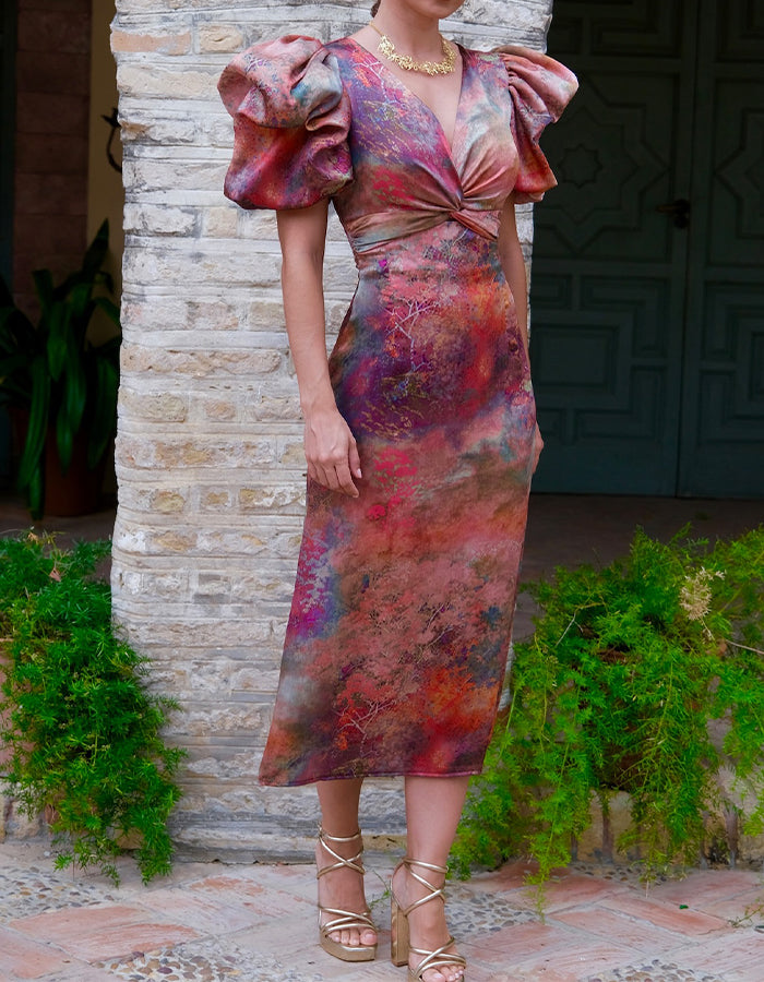 Puff-Sleeve Fitted Dress
