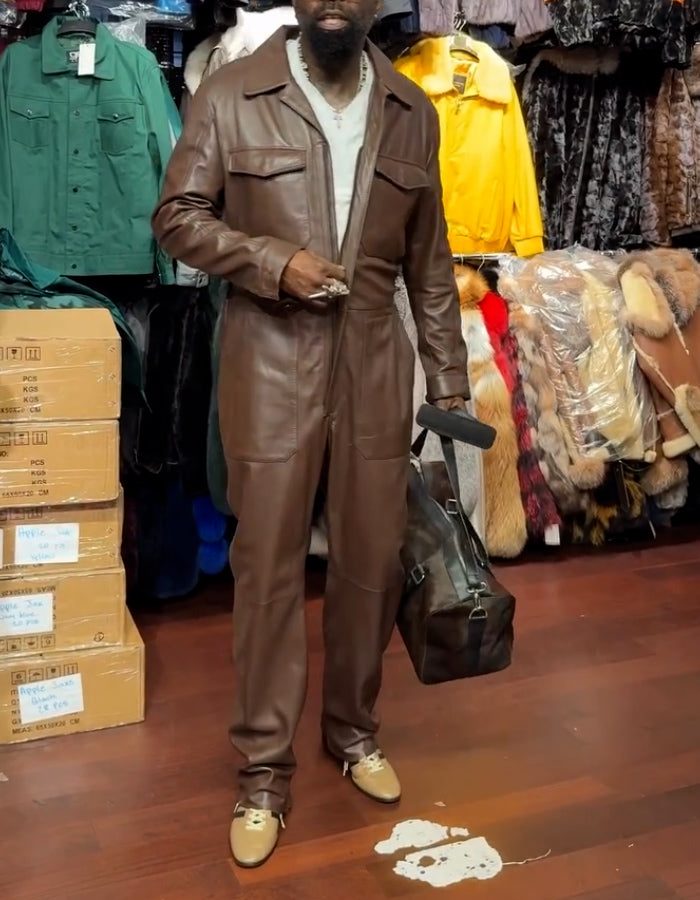 Brown Leather Zipper Jumpsuit