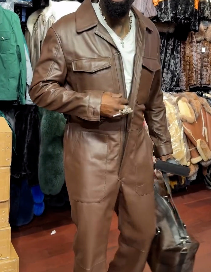 Brown Leather Zipper Jumpsuit