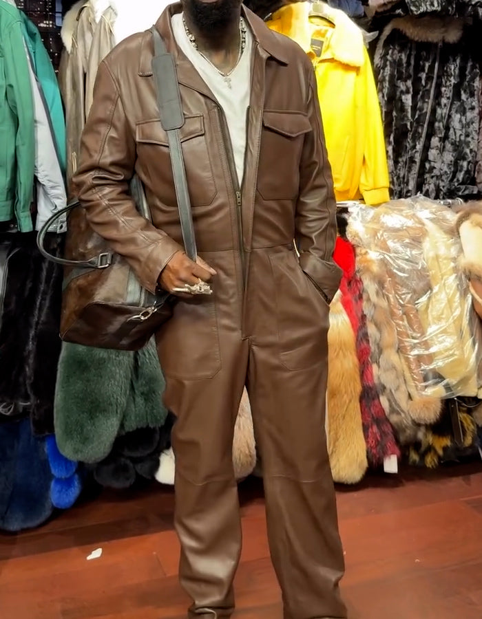 Brown Leather Zipper Jumpsuit