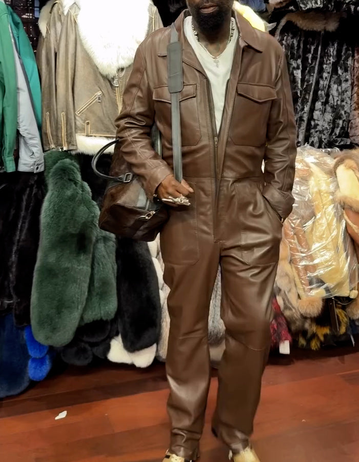 Brown Leather Zipper Jumpsuit