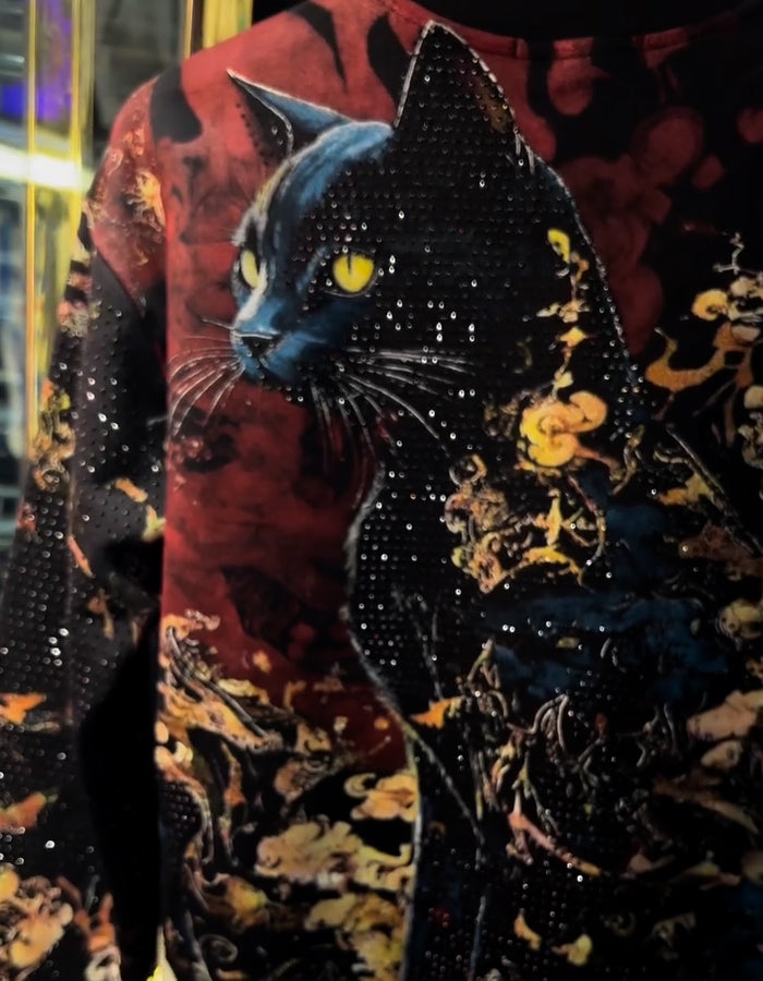 Cat-Print Long-Sleeve Top