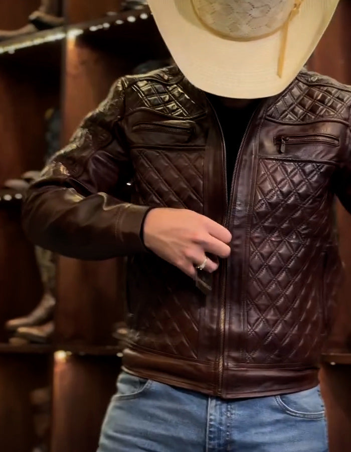 Brown Leather Plaid Jacket