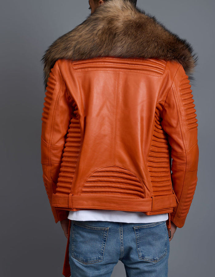 Fur Collar Leather Slim Jacket