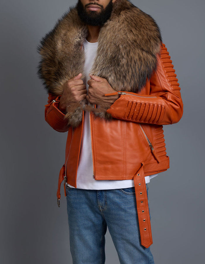 Fur Collar Leather Slim Jacket