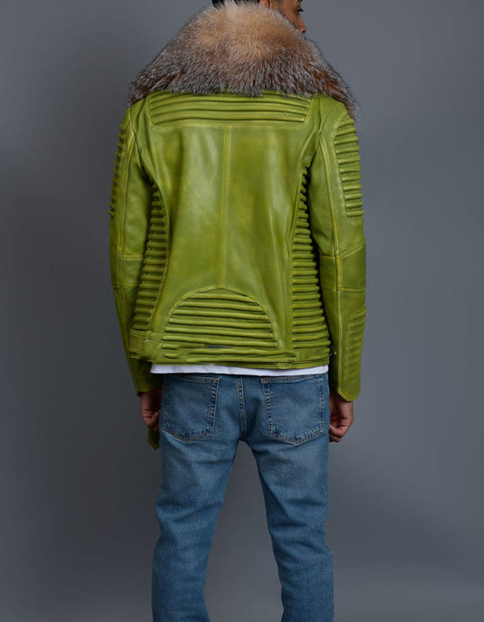 Fur Collar Leather Slim Jacket