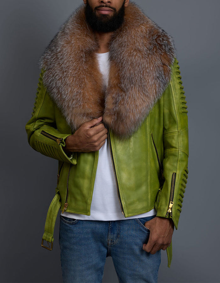 Fur Collar Leather Slim Jacket
