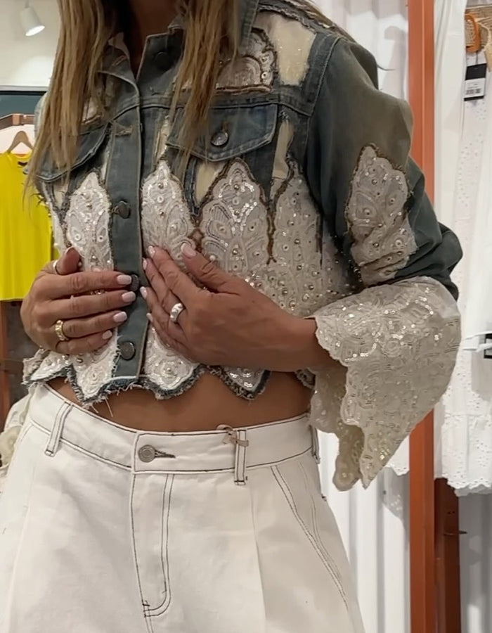 Sequined Flare Sleeve Denim Jacket