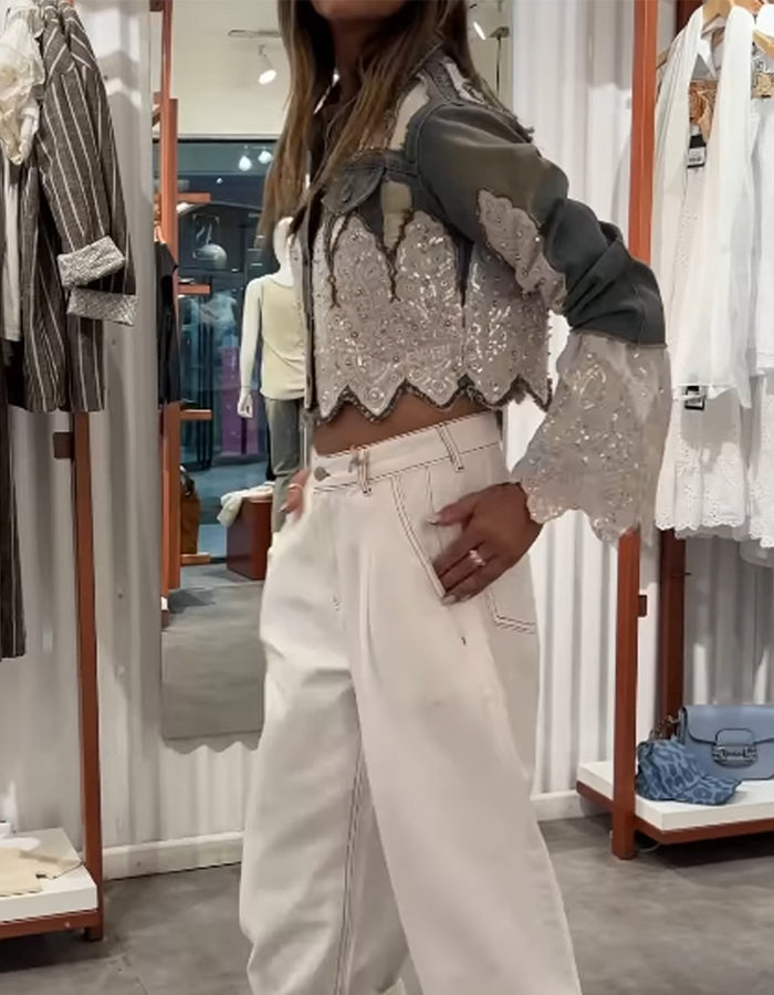Sequined Flare Sleeve Denim Jacket