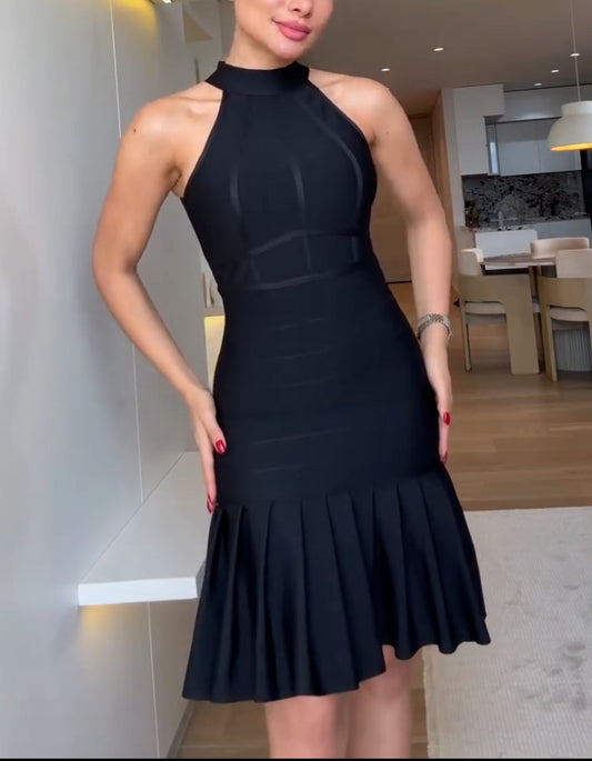 Black Pleated Slim Dress
