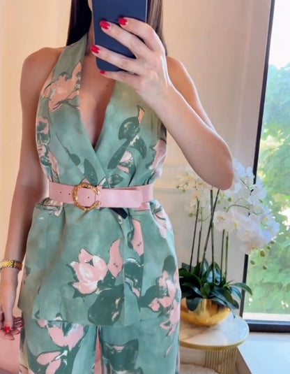 Green Flower Belt Suits