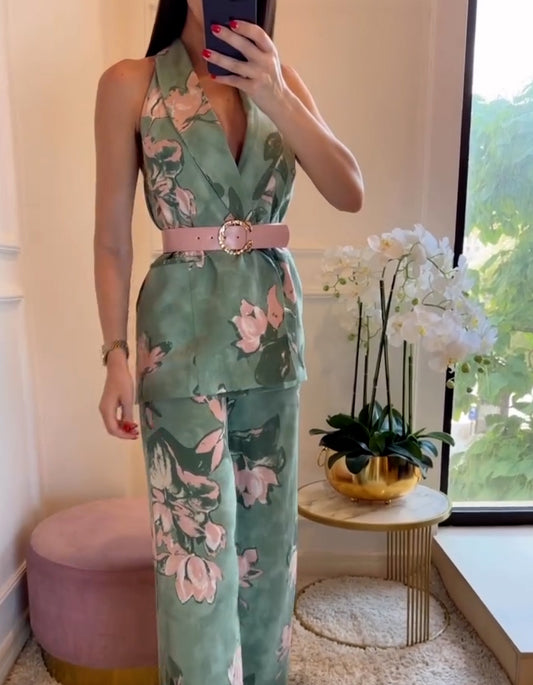 Green Flower Belt Suits
