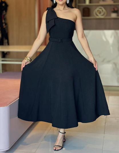 Black Bow One-Shoulder Dress