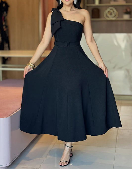 Black Bow One-Shoulder Dress