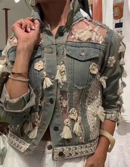 Cutout Embroidered Denim Jacket