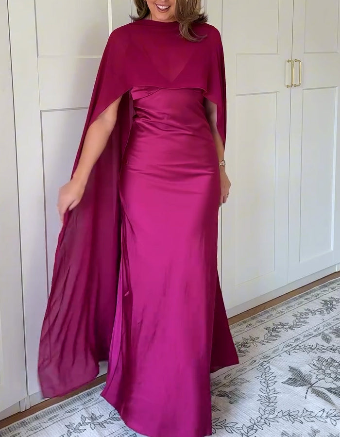 Rose Cape Satin Maxi Dress