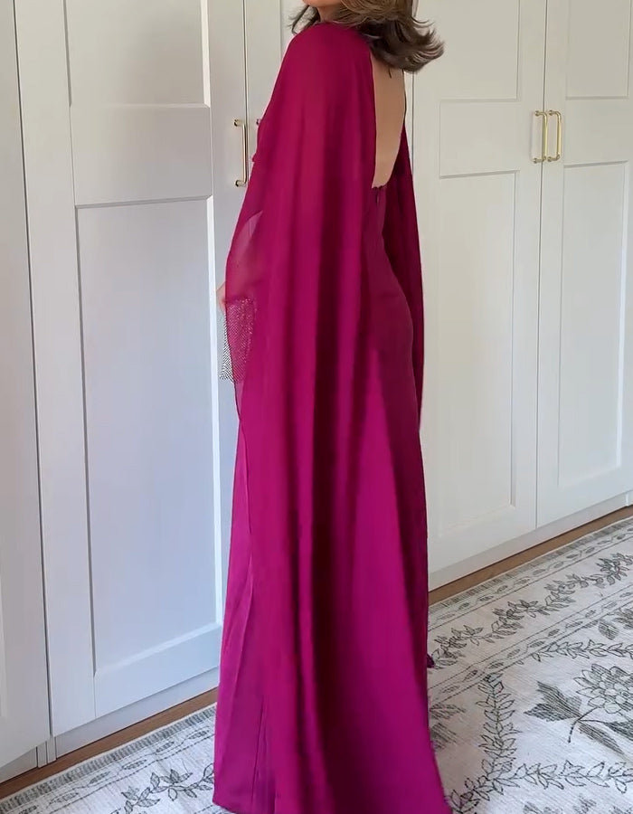 Rose Cape Satin Maxi Dress