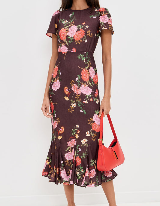 Brown Printed Bell-Bottom Dress