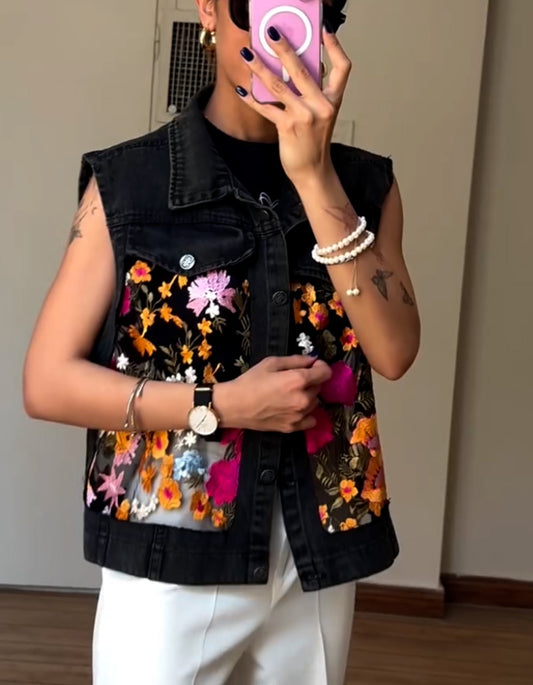 Black Floral Sleeveless Jacket
