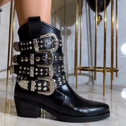 Leather Multiple Buckles Boots