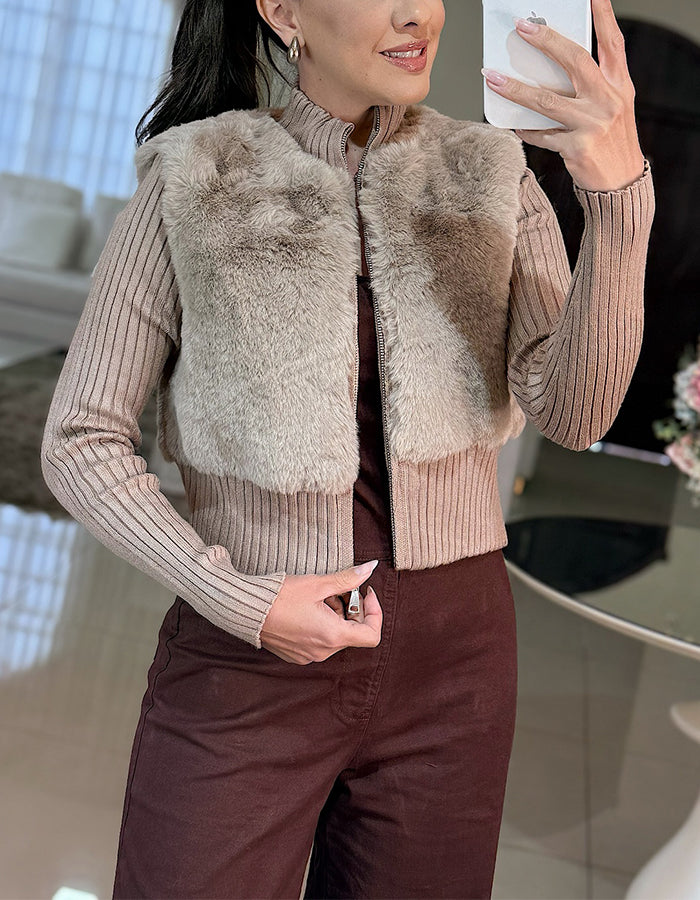 Knit Fur Zipper Jacket