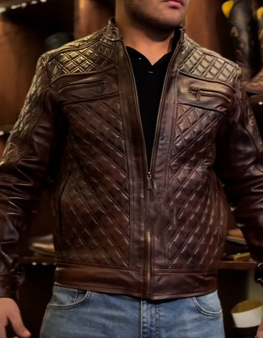 Brown Leather Plaid Jacket