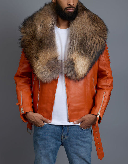Fur Collar Leather Slim Jacket