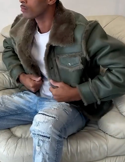 Green Fur Leather Short Jacket