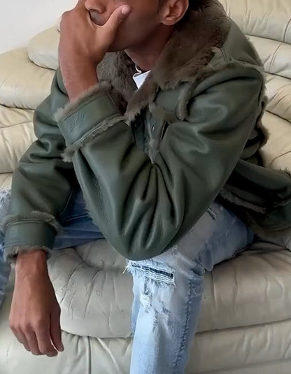 Green Fur Leather Short Jacket