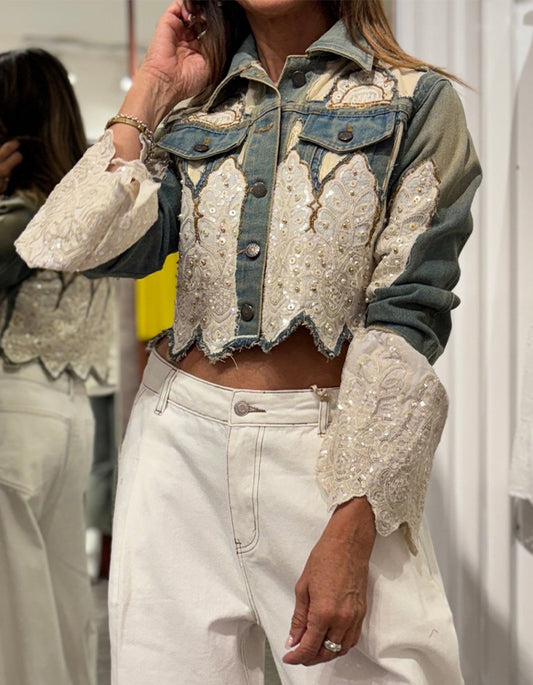 Sequined Flare Sleeve Denim Jacket